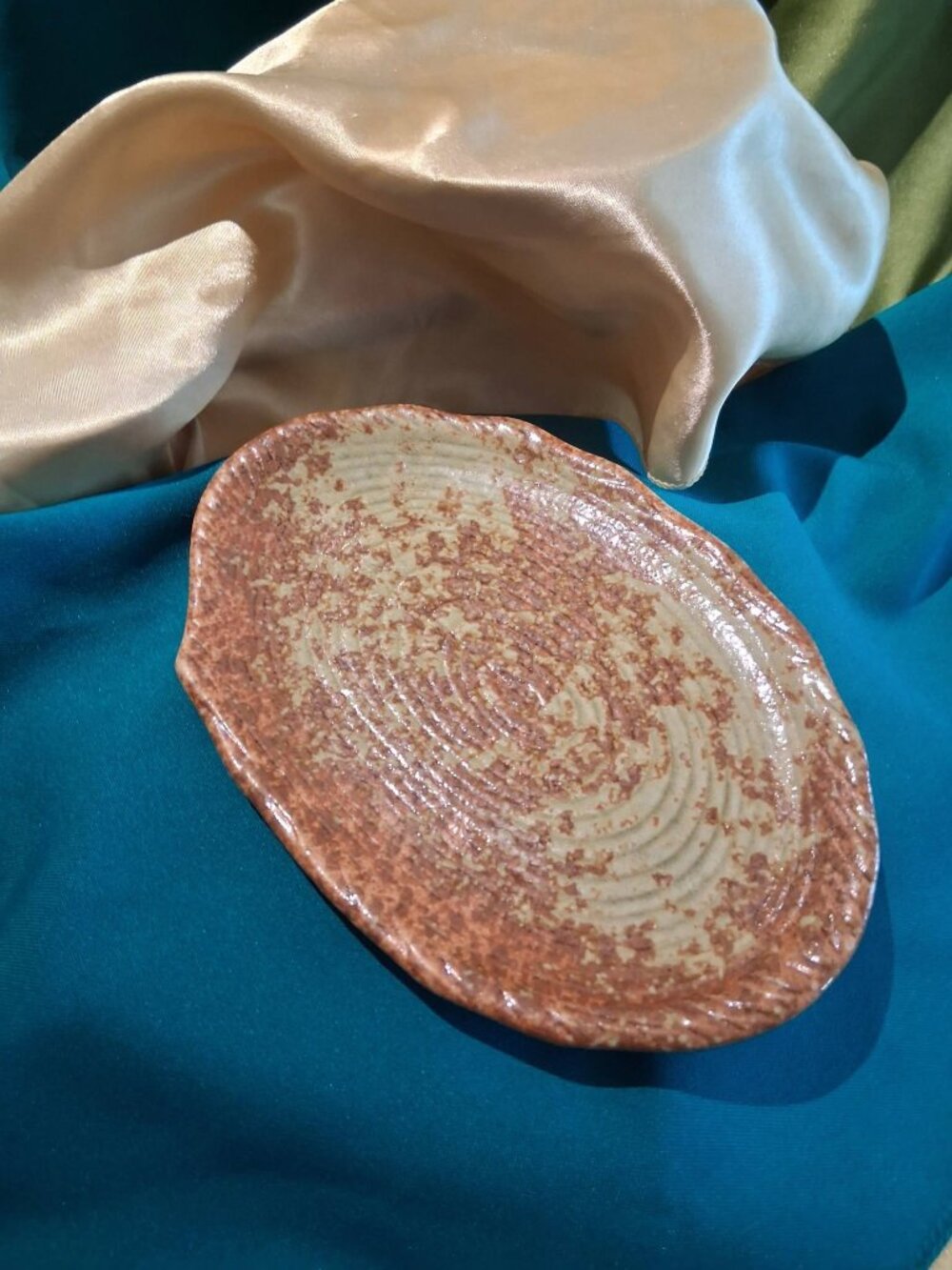 Vintage 1970s Speckled Art Pottery Small Oval Dish / Trifle Tray